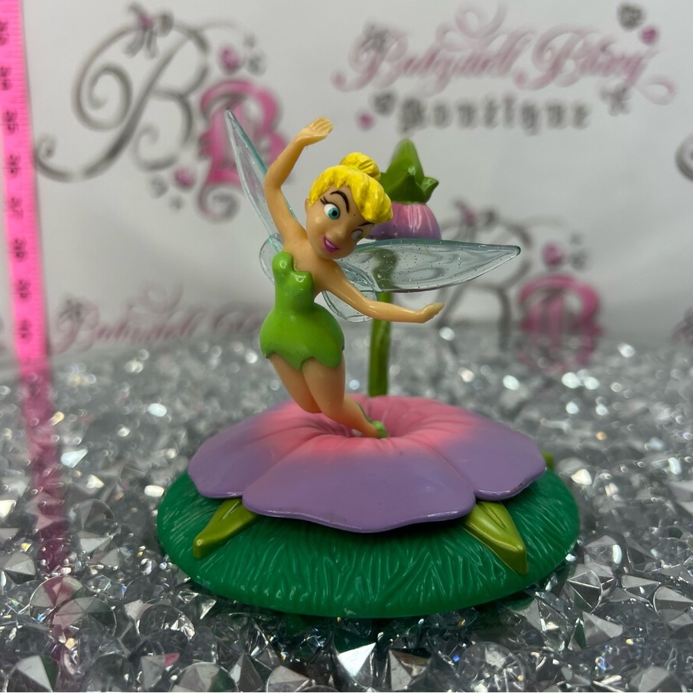 Disney Tinker Bell Figurine - Green Dress, Purple & Pink Flower Peter Pan flying